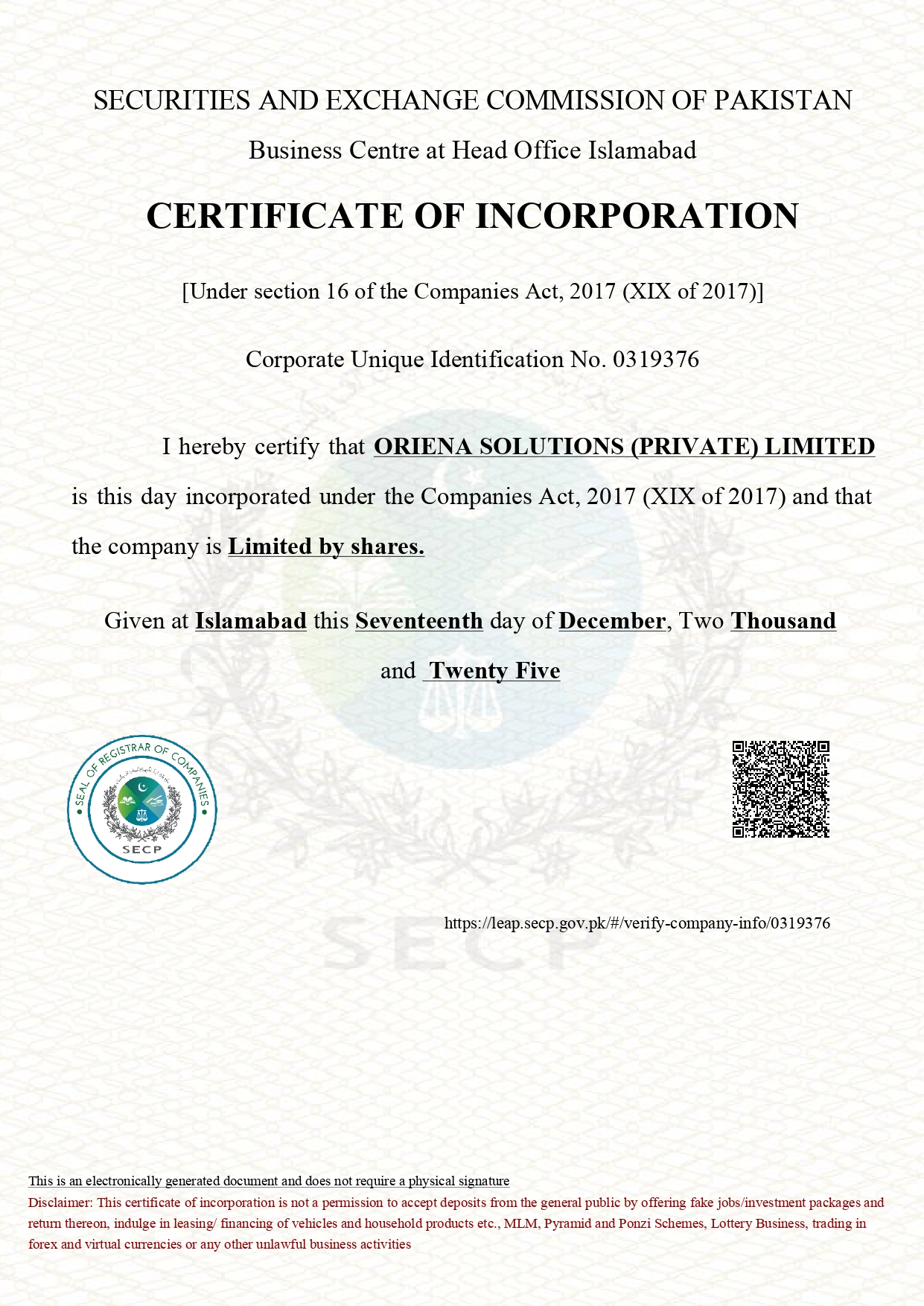 Incorporation Letter